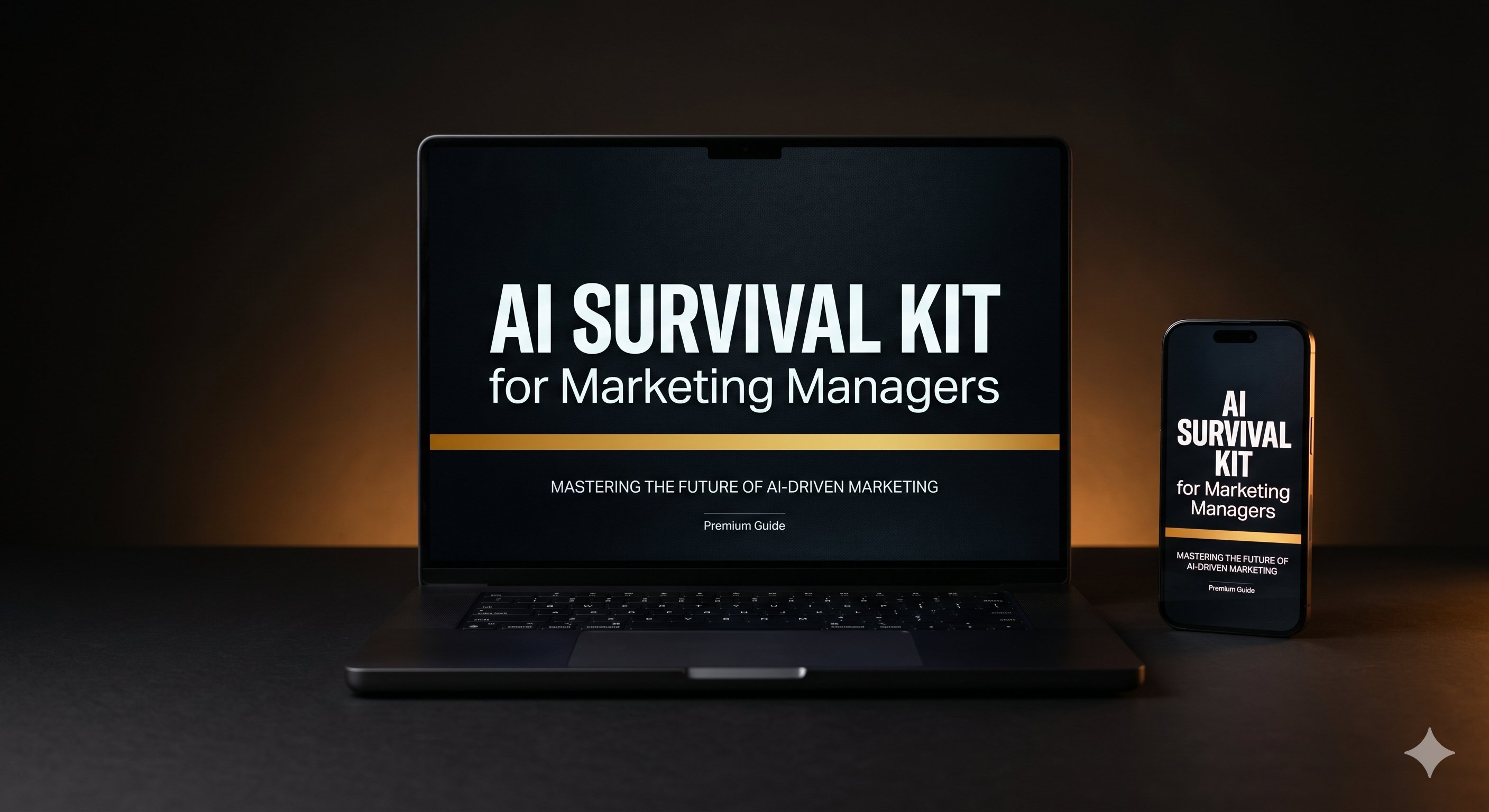 AI Survival Kit for Marketing Managers displayed on MacBook Pro and iPhone — plain-English PDF guide to ChatGPT, Claude, Perplexity and Notion AI