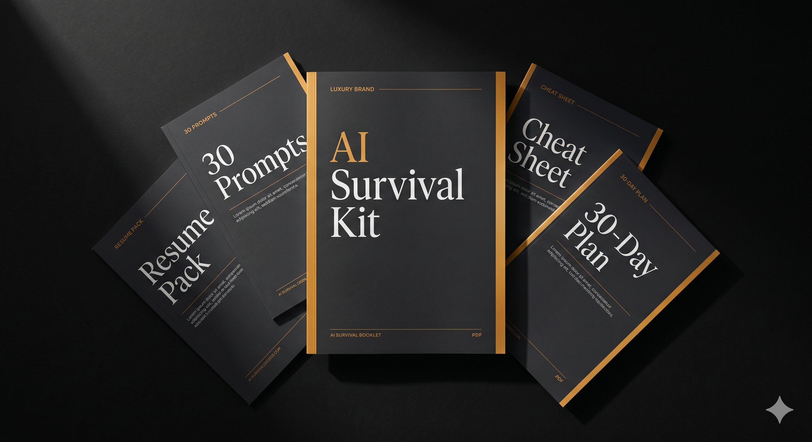 AI Survival Kit full bundle — 5 PDF documents including main guide, 30-prompt library, cheat sheet, 30-day plan, and resume pack